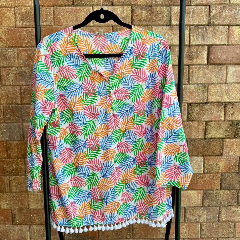 Talbots Tropical Palm Tassel Hem Cotton Popover Blouse Size M